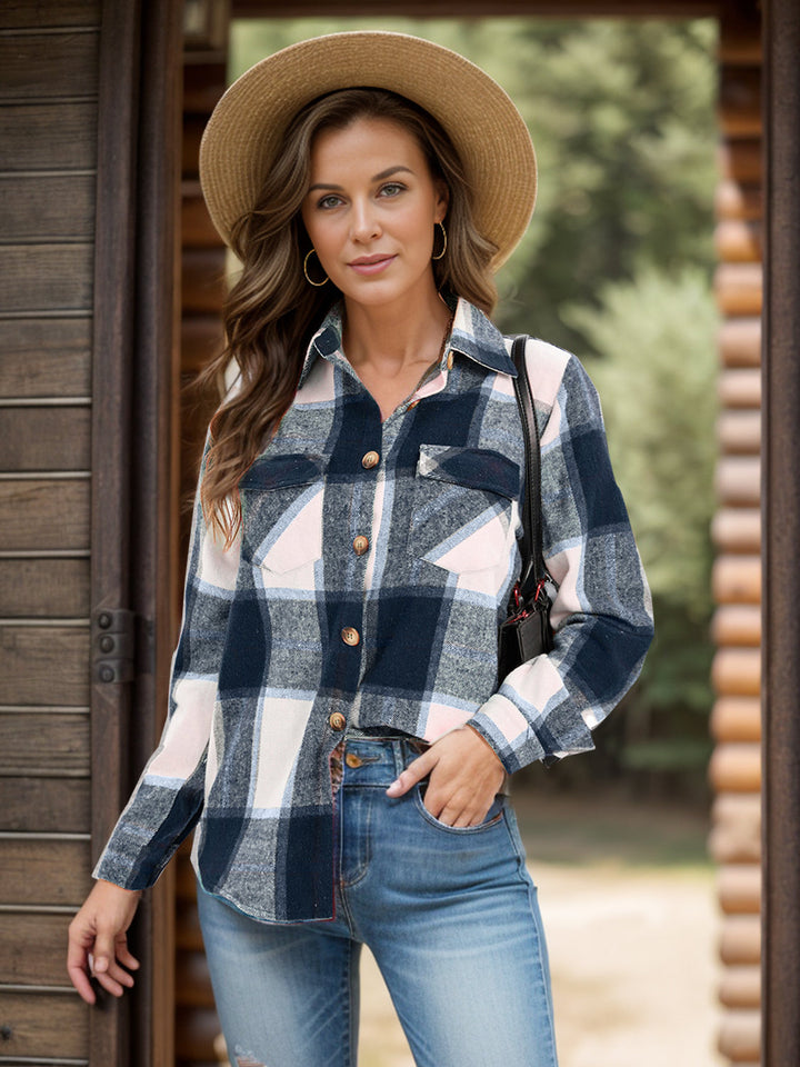 Stilla | Plus Size Pocketed Plaid Collet Hals Shacket