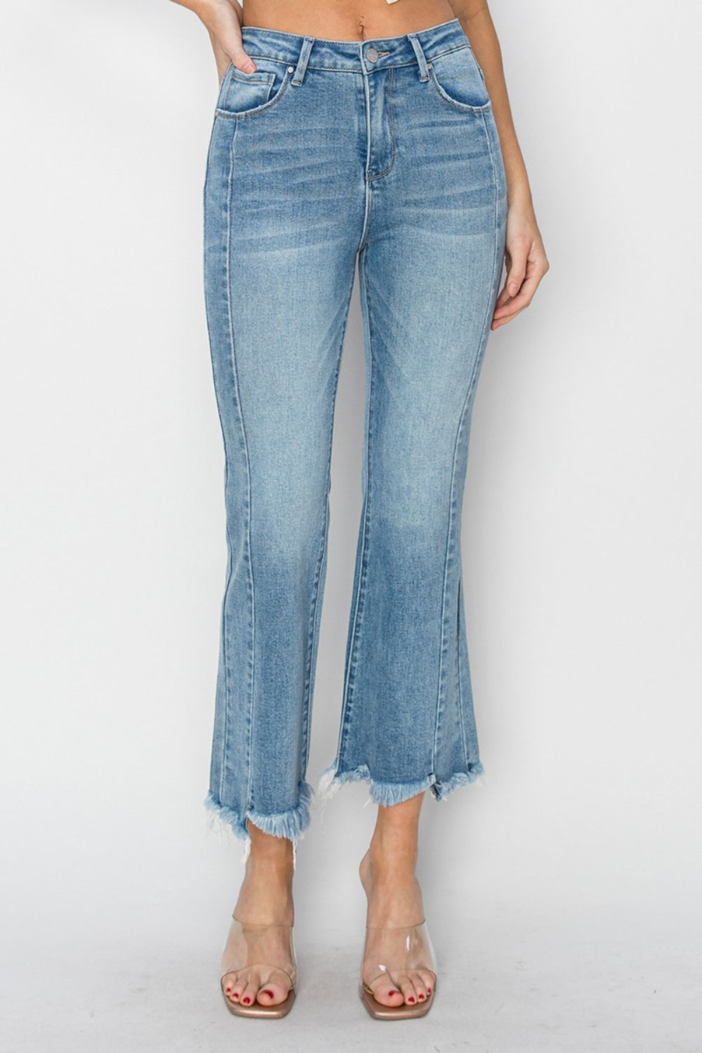 Stilla | Full Size High Rise Frayed Hem Flare Jeans