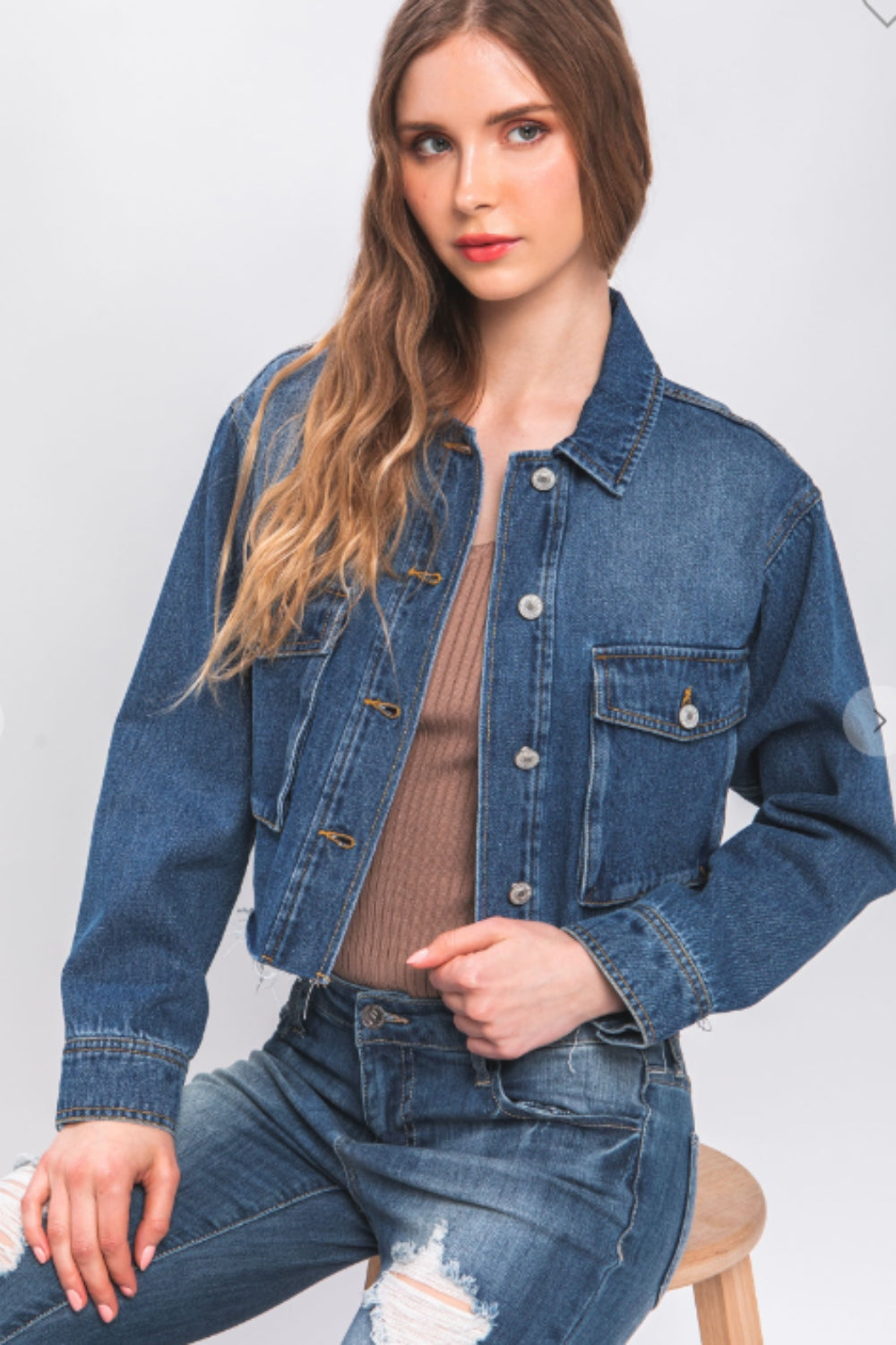 Stilla | Tree Raw Hem Knap up Cropped Denim Jakke