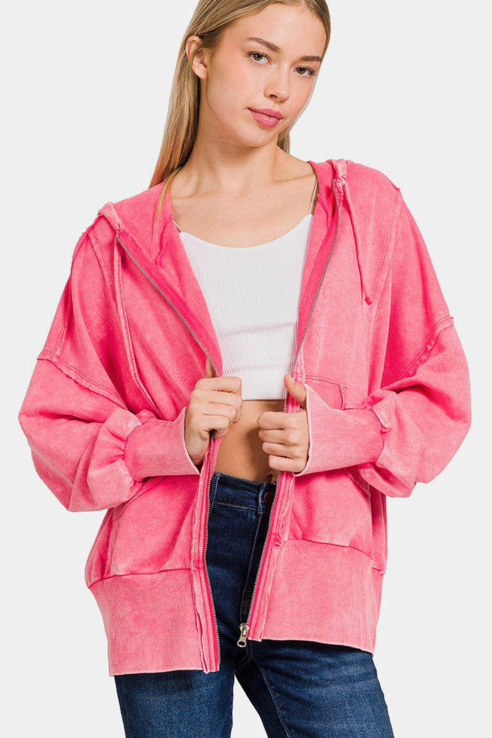 Stilla | Lynlås Hættetrøje I Acid Wash Fleece Med Lommer