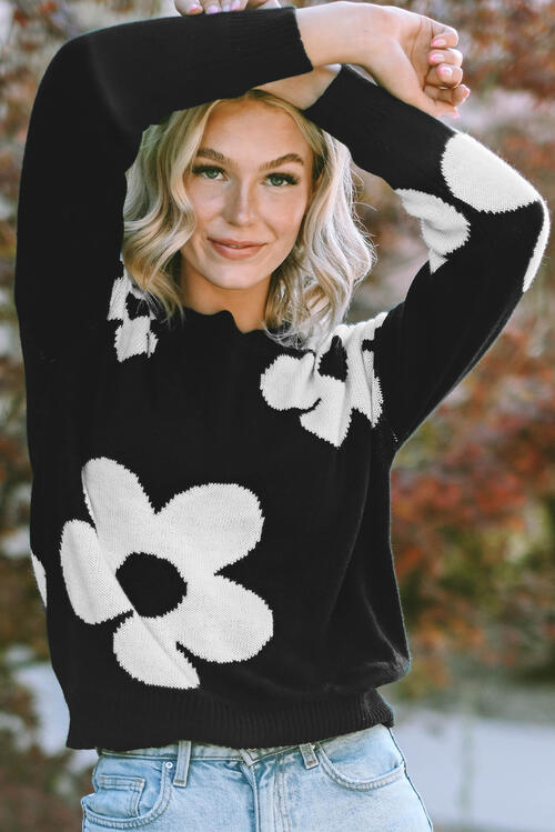 Stilla | Hals Blomstermønster Farve Kontrast Design Langærmet Sweater
