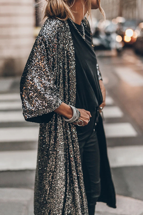 Stilla | Glamour Disco Paillette kimono med vidt ærme