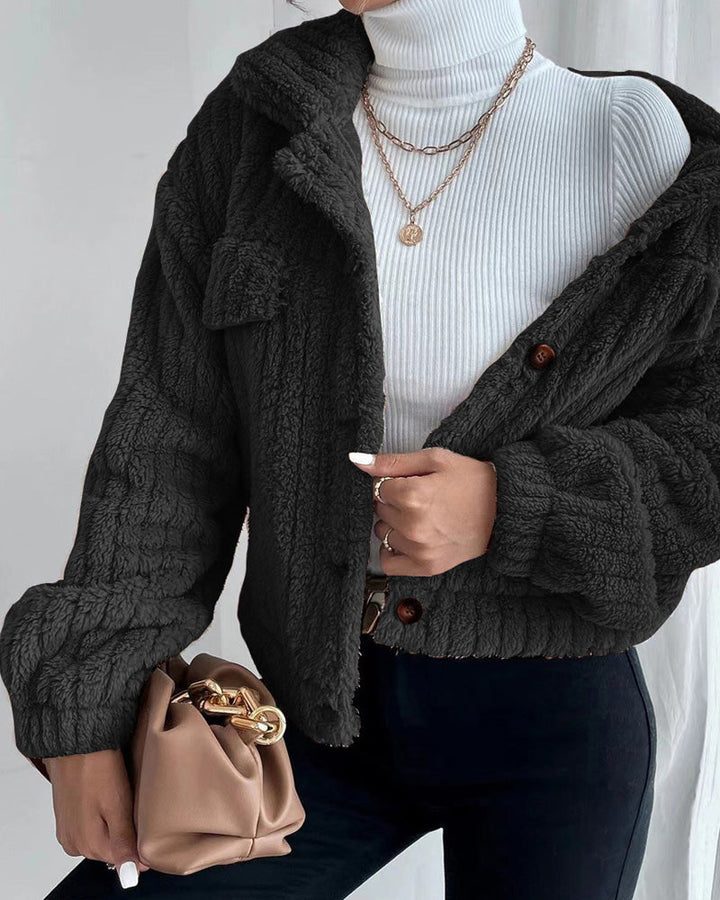 Stilla | Casual Ensfarvet Tyk Frakke med Reversknap og Lange Ærmer