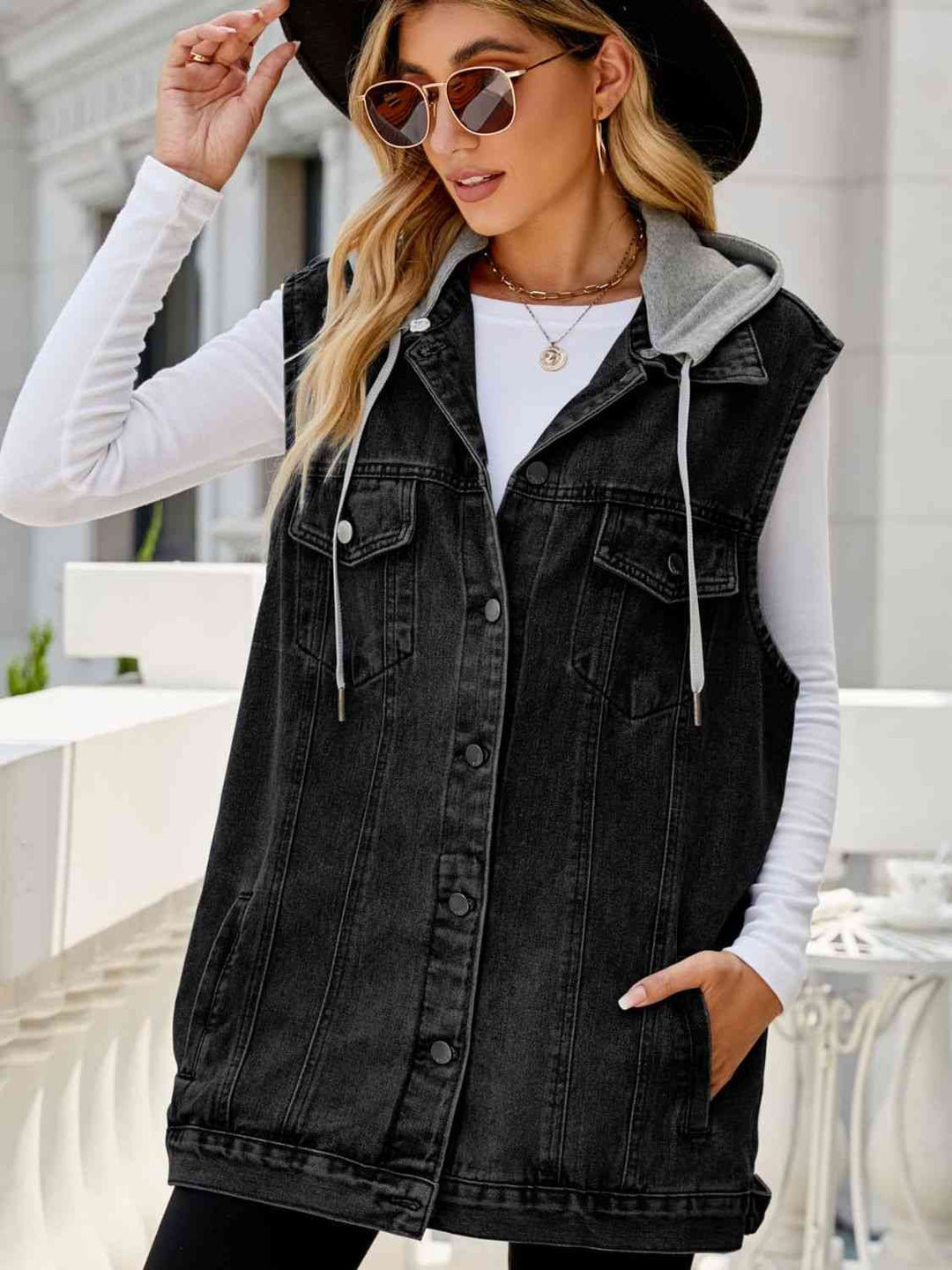 Stilla | Hættetrøje Uden Ærmer Denim Med Lommer