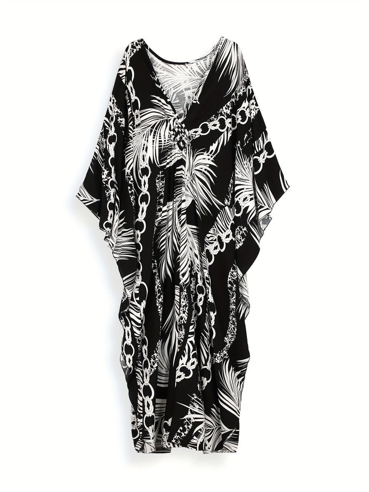 Stilla | Boho Dame Strandkjole Sort Hvid Maxi Kjole Med V-Hals,