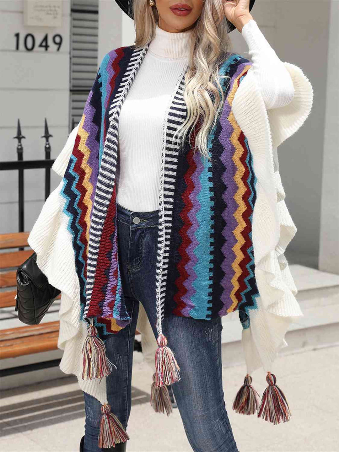 Stilla | Åben Front Poncho Med Frynser