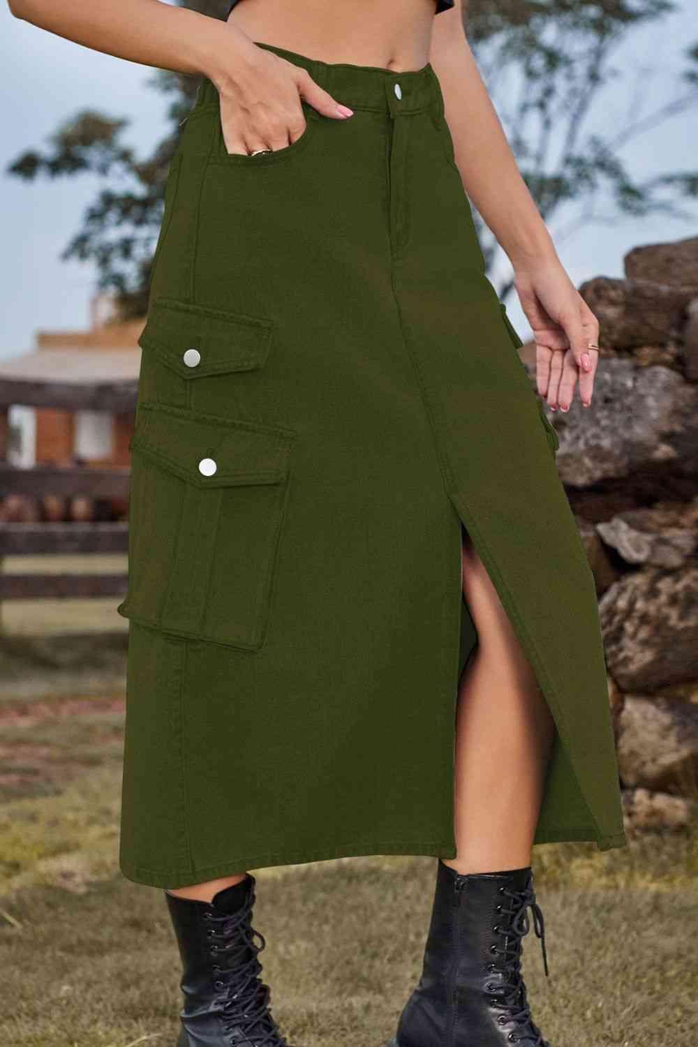 Stilla | Front Midi Denim Skirt Med Lommer