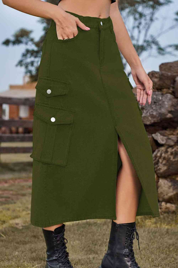 Stilla | Front Midi Denim Skirt Med Lommer