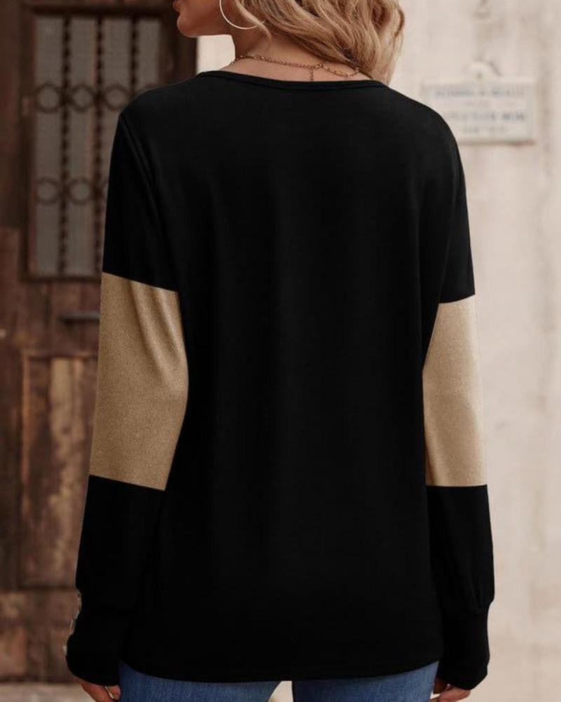 Stilla | Shirt Dame Colorblock Tryk Knap Deko Faldende Skulder
