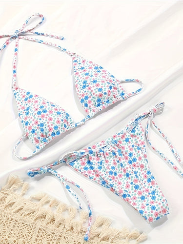Stilla | Delt Bikini Trekantet Sæt Ensfarvet Med Halter Og Snøring