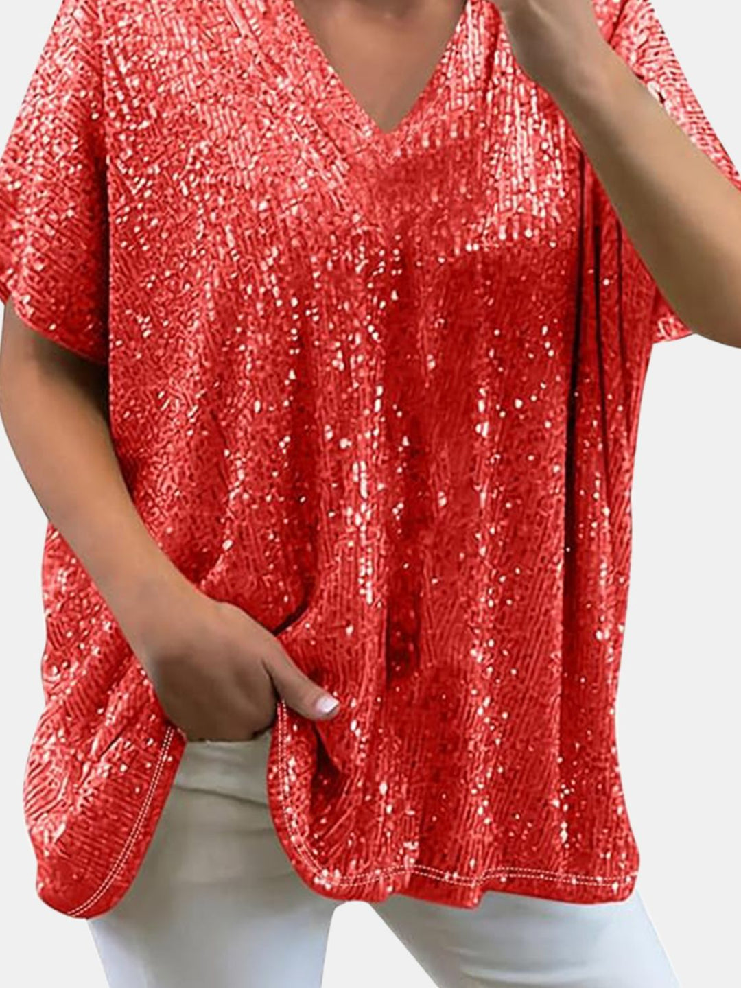 Stilla | Plus Size Paillet V-Hals Kortærmet Top