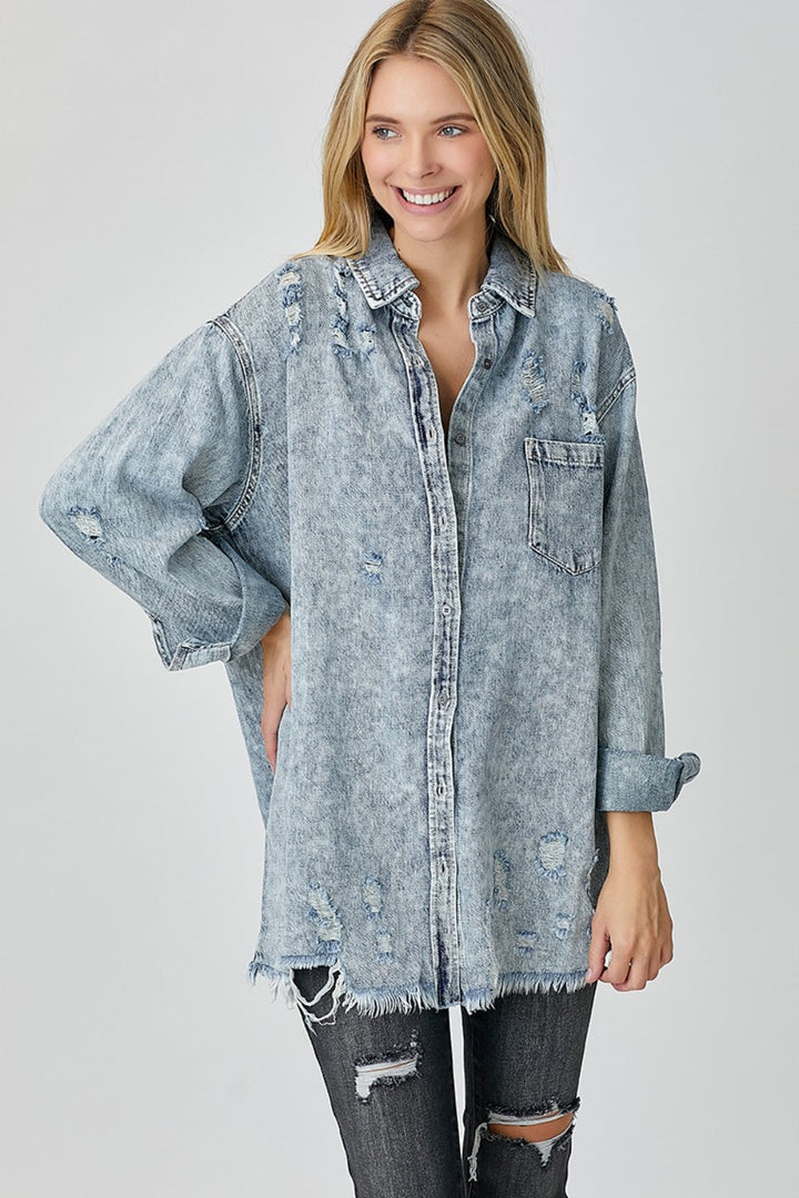 Stilla | Distressed Raw Hem Denim Skjorte