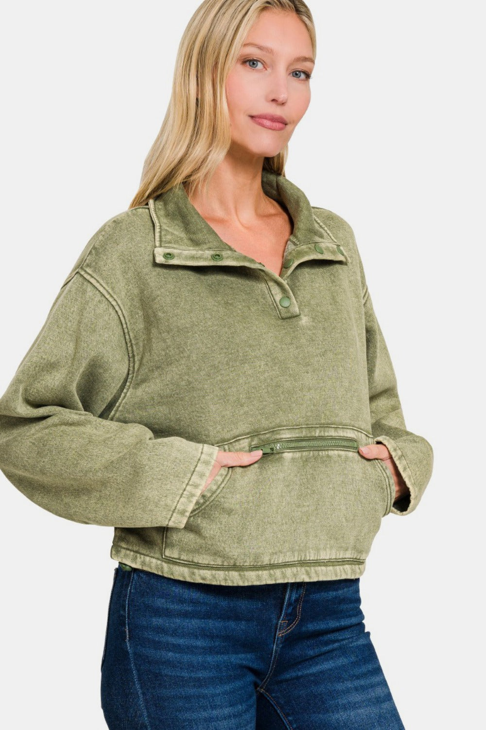 Stilla | Sweatjakke Halv Tryk Uden Acid Vasket Fleece Med Lomme