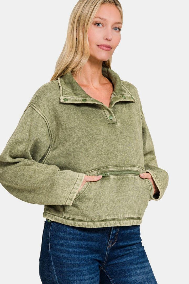 Stilla | Sweatjakke Halv Tryk Uden Acid Vasket Fleece Med Lomme