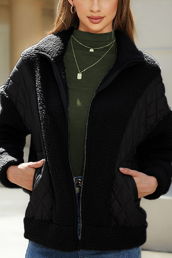Stilla | Langærmet cardigan med lynlås i fleece patchwork damesjakke
