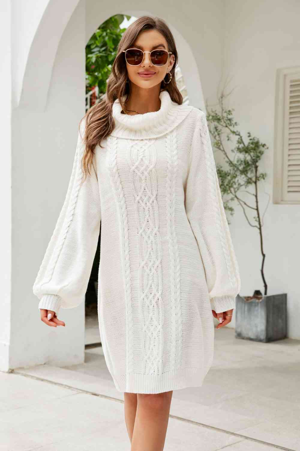 Stilla | Højre Mixed Strik Turtleneck Lantern Ærme Sweater Kjole