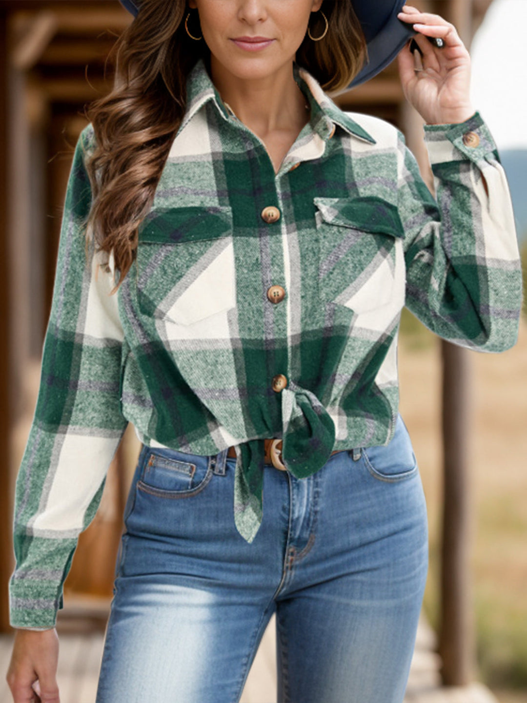 Stilla | Plus Size Pocketed Plaid Collet Hals Shacket