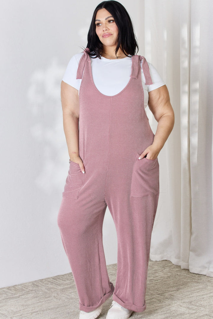 Stilla | Full Size Ribbede Knytte Skulder Ærmeløs Ankel Overalls