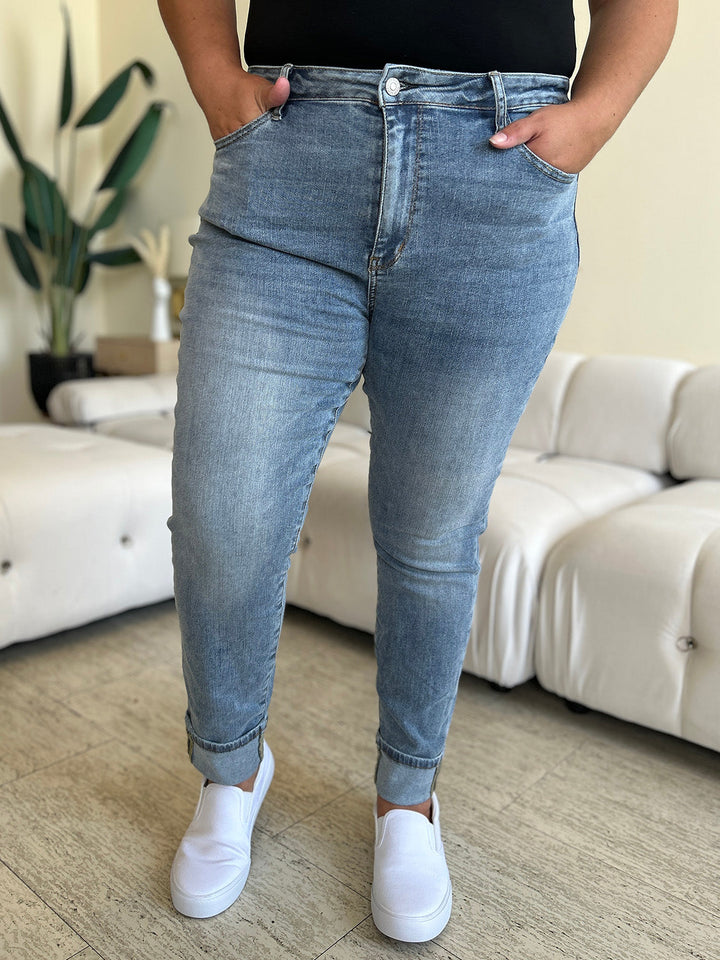 Stilla | Blå Størrelse Høj Talje Cuff Hem Skinny Jeans