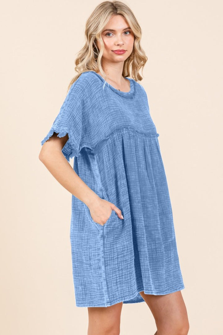 Stilla | Code Full Size Kortærmet Babydoll Tekstur Kjole med Lommer