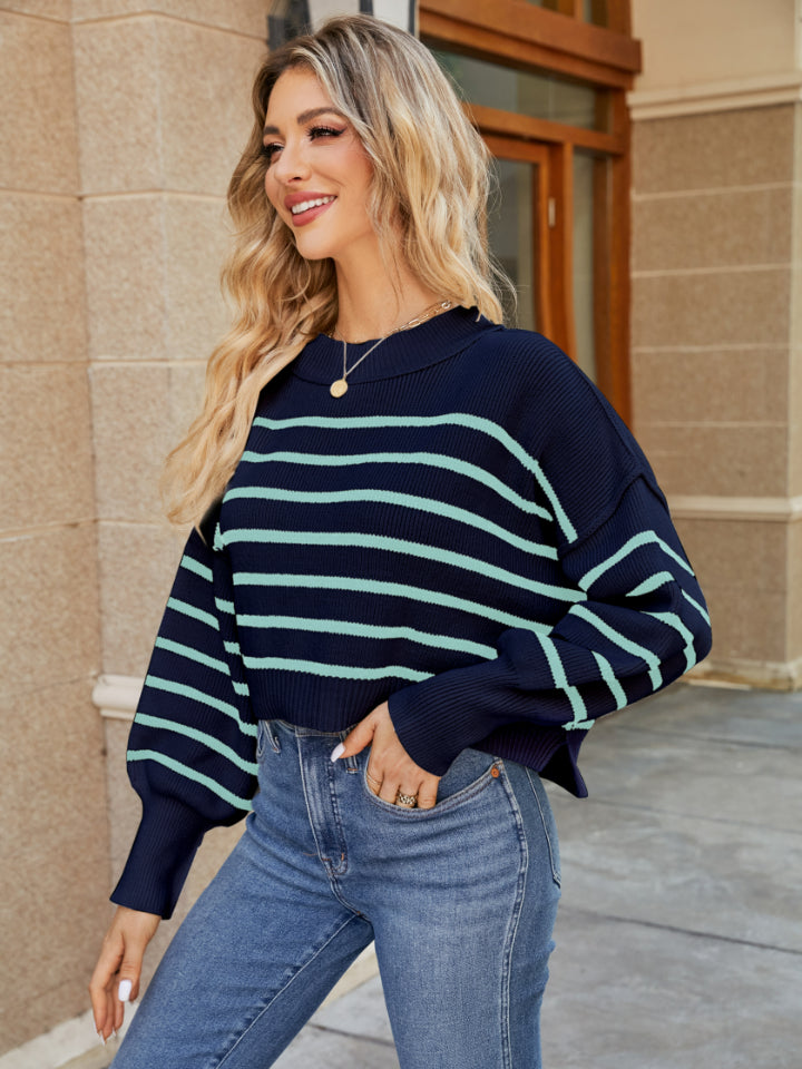 Stilla | V Hals Stribet Lanterne Ærme Sweater