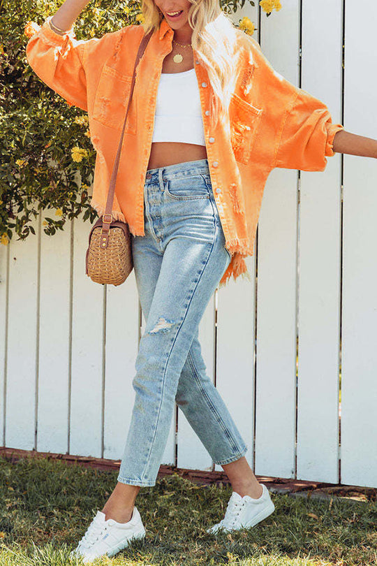 Stilla | Revers Langærmet Ripped Denim Jakke