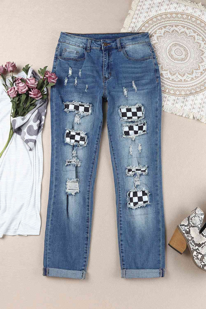 Stilla | Ternede Patches Mid Talje Distressed Jeans