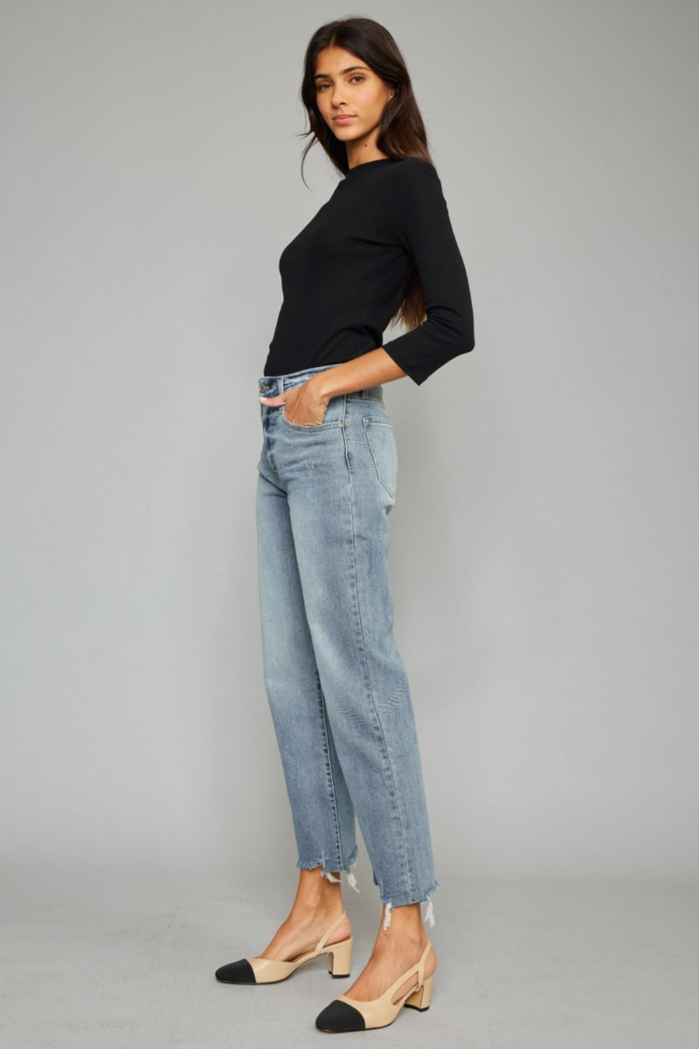 Stilla | Høj Talje Raw Hem Beskåret Bred Ben Jeans