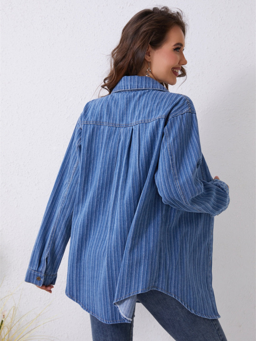 Stilla | Stribet Knap-Up Denim Skjorte