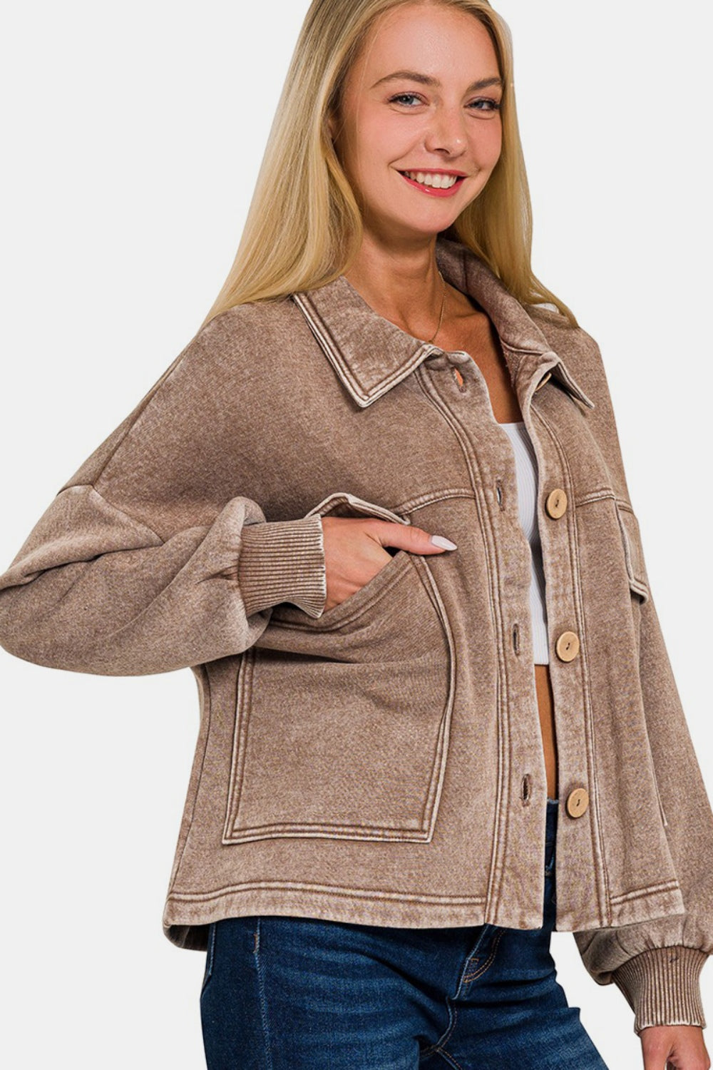 Stilla | Vask Fleece Front Pocket Knap-Up Shacket