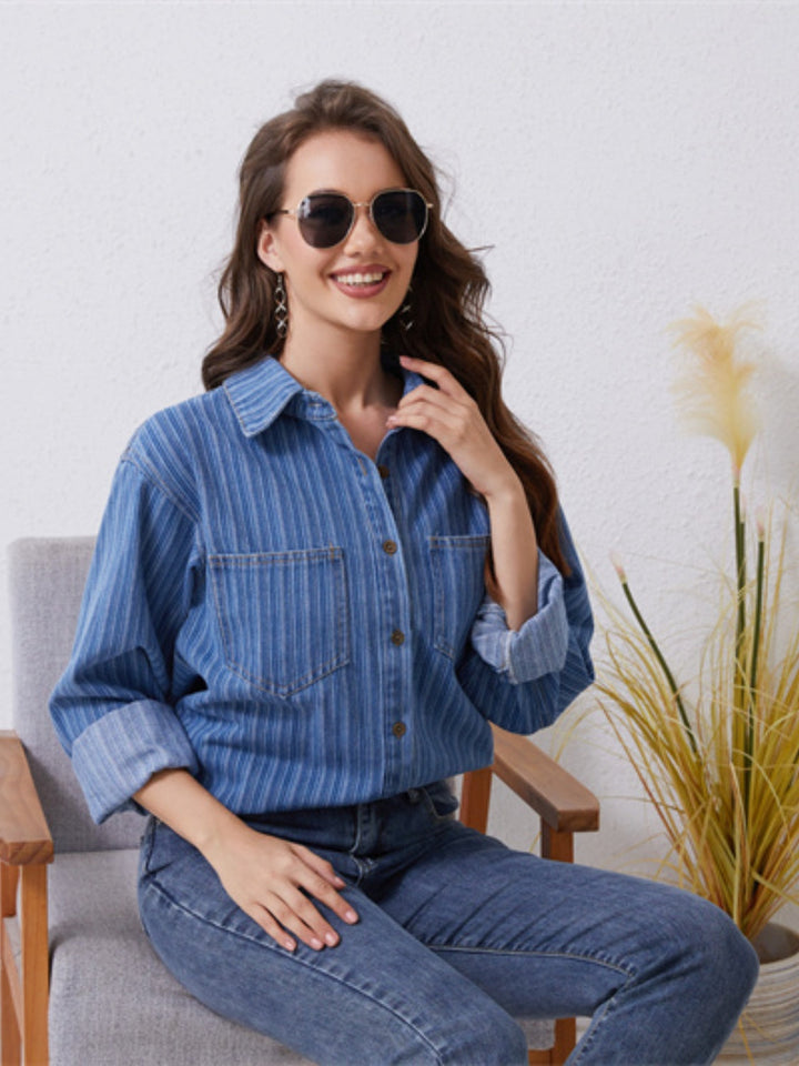 Stilla | Stribet Knap-Up Denim Skjorte