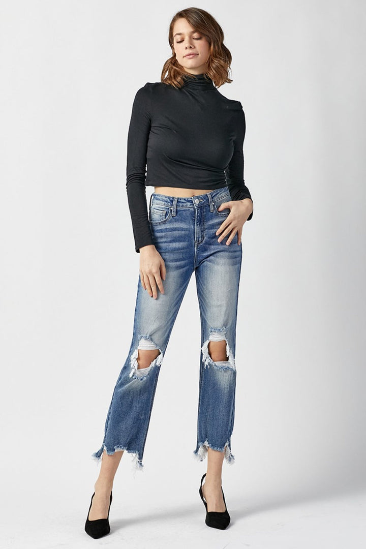 Stilla | Høj Talje Distressed Flæset Kante Cropped Straight Jeans