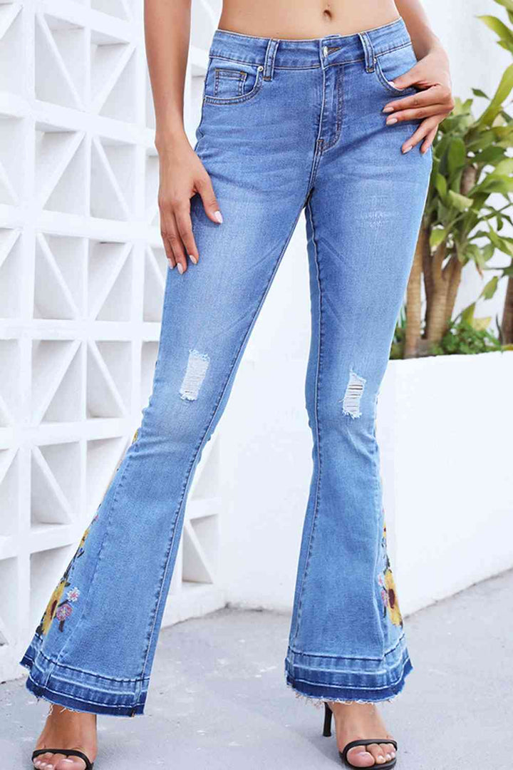 Stilla | Størrelse Blomst Broderi Slidte Bred Ben Jeans