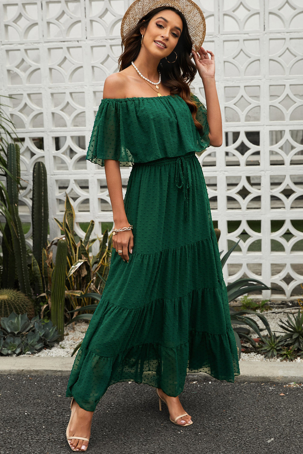 Stilla | Dot Off-Shoulder Lagdelt Maxi Kjole