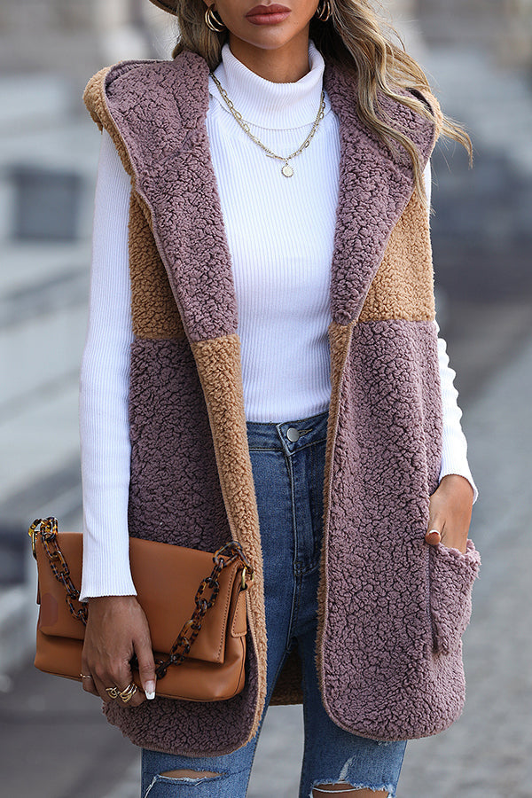 Stilla | Ærmeløs Colorblock-løsning Mid-Length Cardigan Puff-velours-jakke