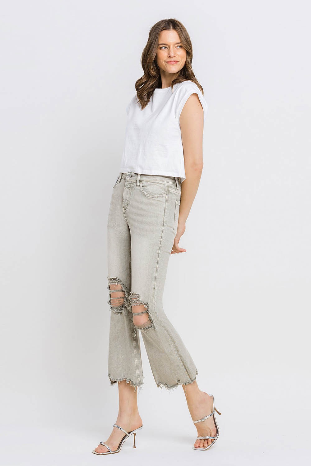 Stilla | Distressed Raw Hem Cropped Flare Jeans