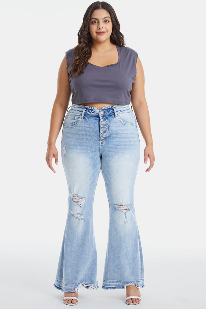 Stilla | Full Size Distressed Raw Hem Høj Talje Flare Jeans