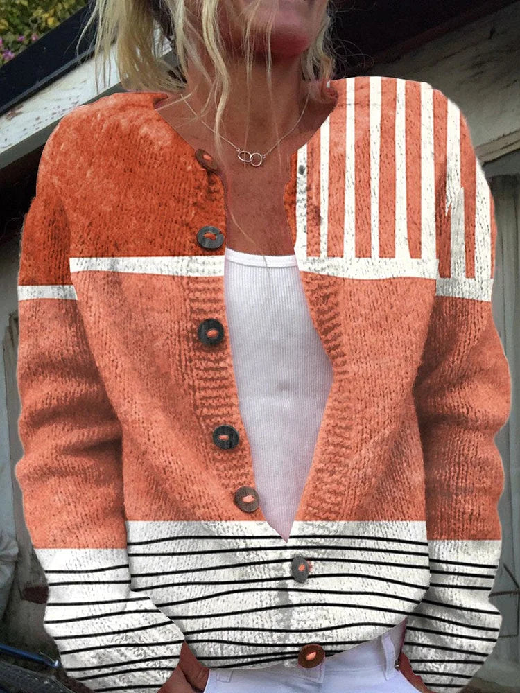 Stilla | Casual Strikstrikjakke Med Retro Abstrakt Kunsttryk