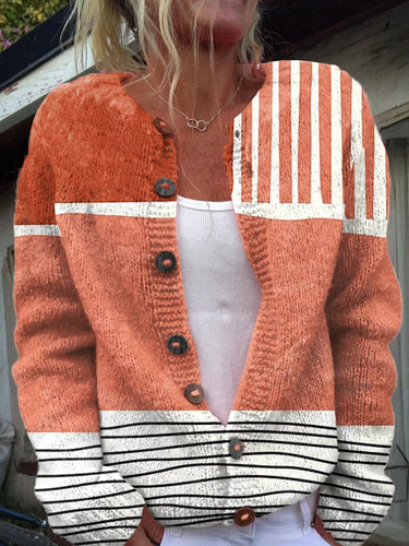 Stilla | Casual Strikstrikjakke Med Retro Abstrakt Kunsttryk