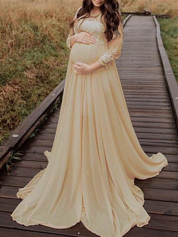 Stilla | Patchwork Rete Rundhalset Kjoler Til Fototjenester in Blonde Elegante Premaman Kjole