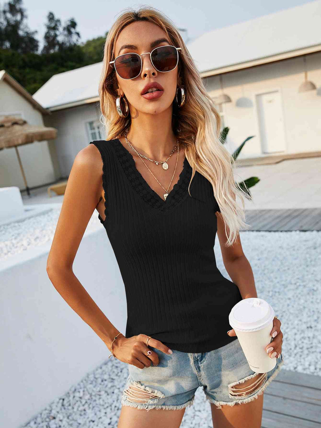 Stilla | Trim V-hals Ribbet Strik Tank