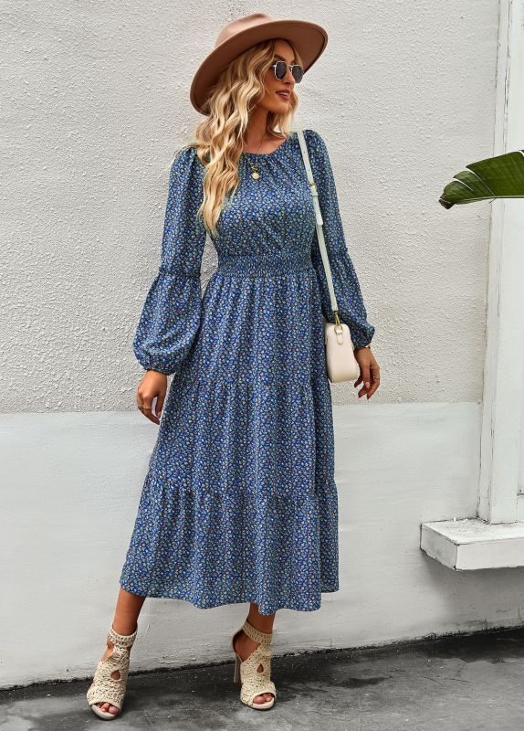 Stilla | Hals Langærmet Boho Print Kjole