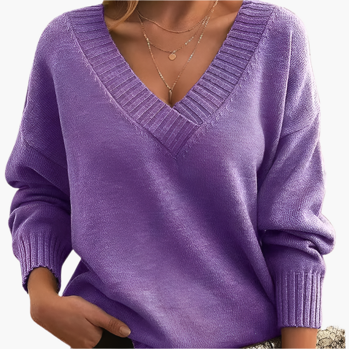 Stilla | V-Udskæring Sweatshirt - Elegant Strikpullover I Oversize-Stil til Hverdag & Kontor