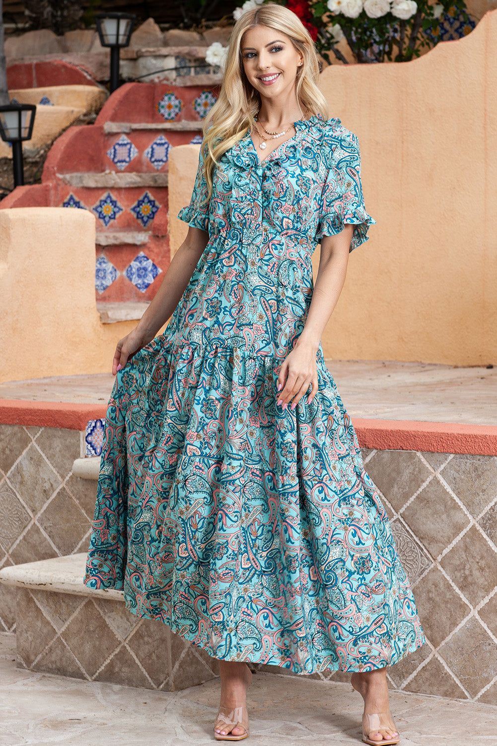 Stilla | Print Flounce Sleeve Maxi Kjole