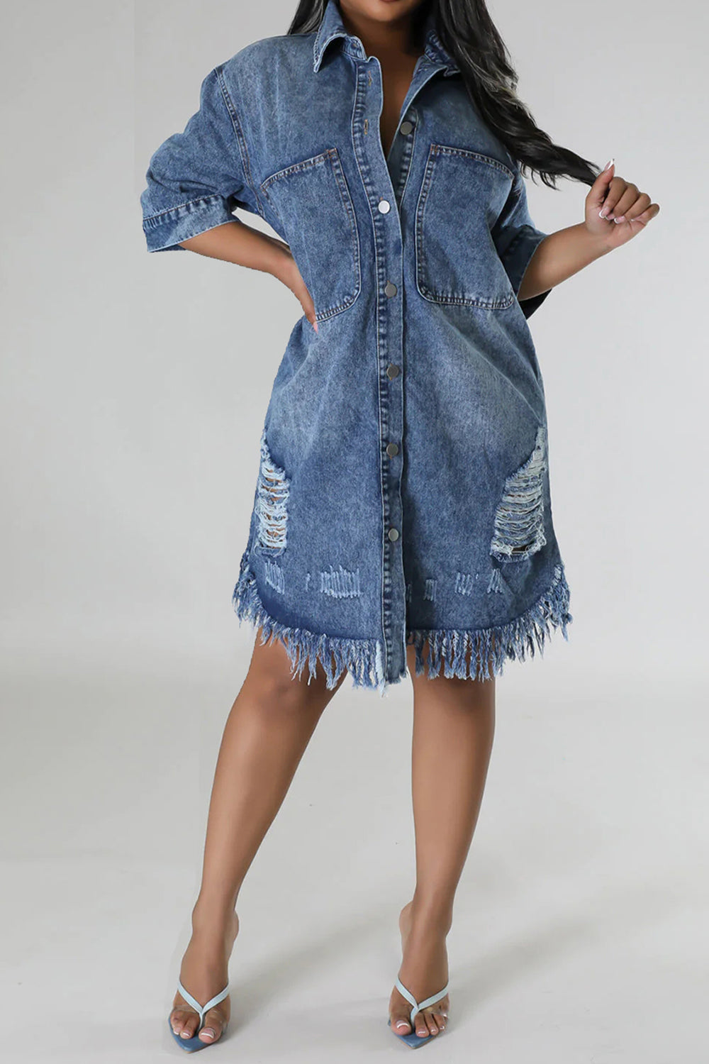 Stilla | Raw Hem Button Up Denim Kjole