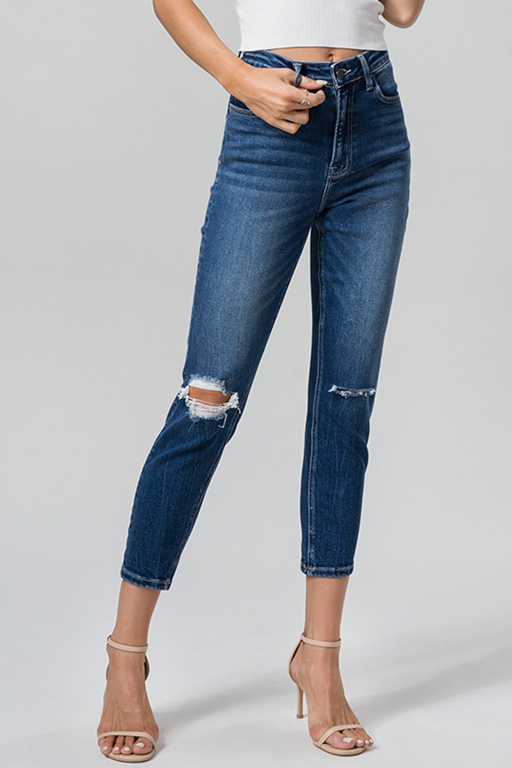 Stilla | Full Size Høj Talje Distressed Vasket Cropped Mom Jeans