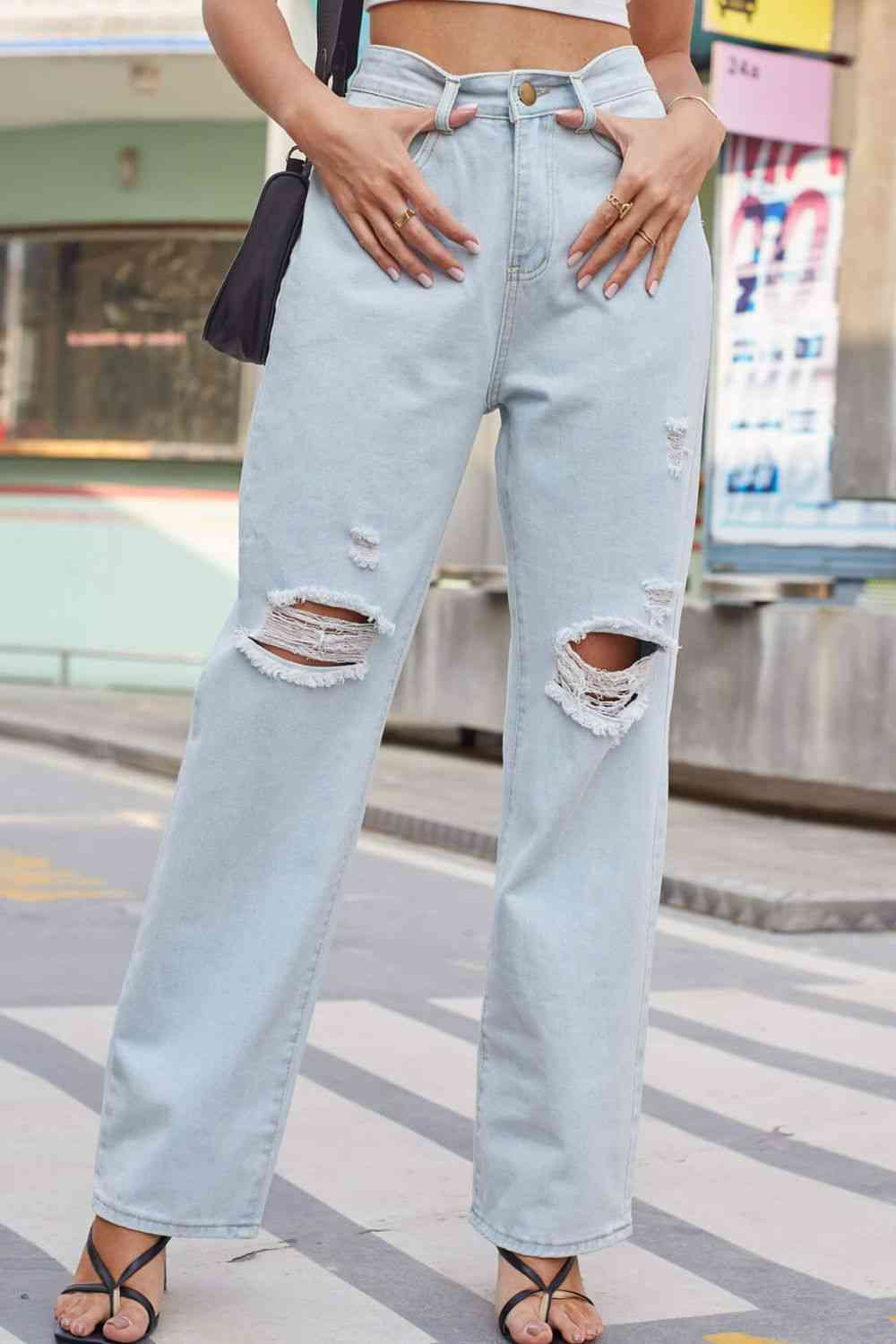 Stilla | Distressed Straight Leg Jeans Med Lommer