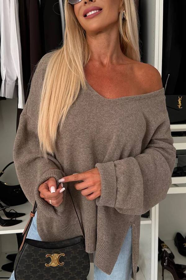 Stilla | Pullover Strikket Til Koldt Vejr, Ensfarvet, Lange Ærmer, Uregelmæssig Og Løs V-hals Pullover