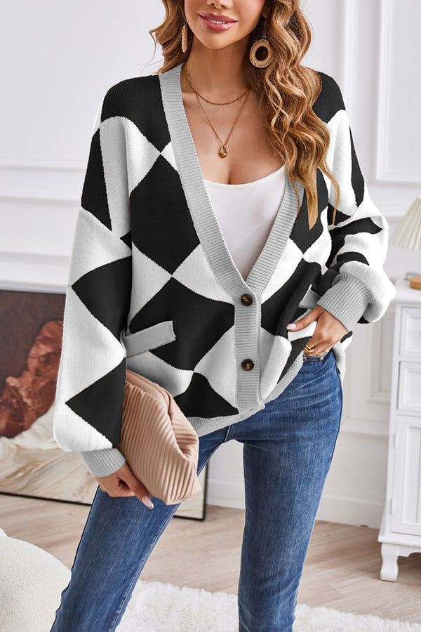 Stilla | Hals geometrisk patchwork kontraststrik cardigan casual løs jakke