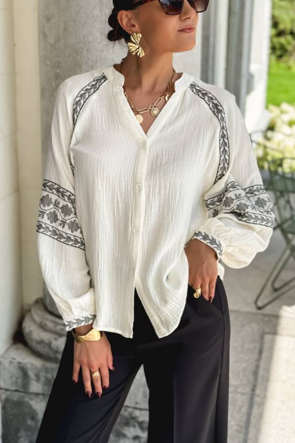 Stilla | Langærmet Bluse Med Broderidetaljer